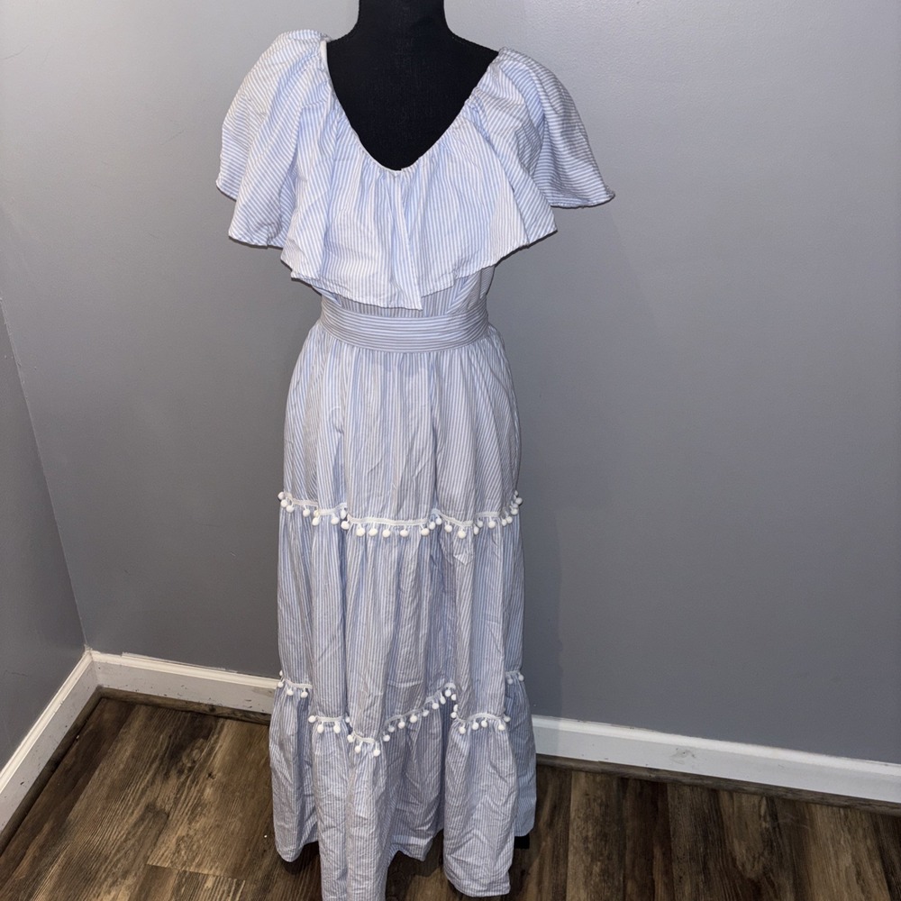 Natalia Lizramento Blue Stripe Pompom Maxi Dress Size M Cottagecore Prairie